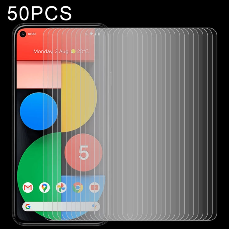 50-pack tempered glass screen protectors layered over a smartphone screen