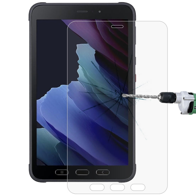 Tempered glass screen protector on a phone/tablet display with cracked film after impact