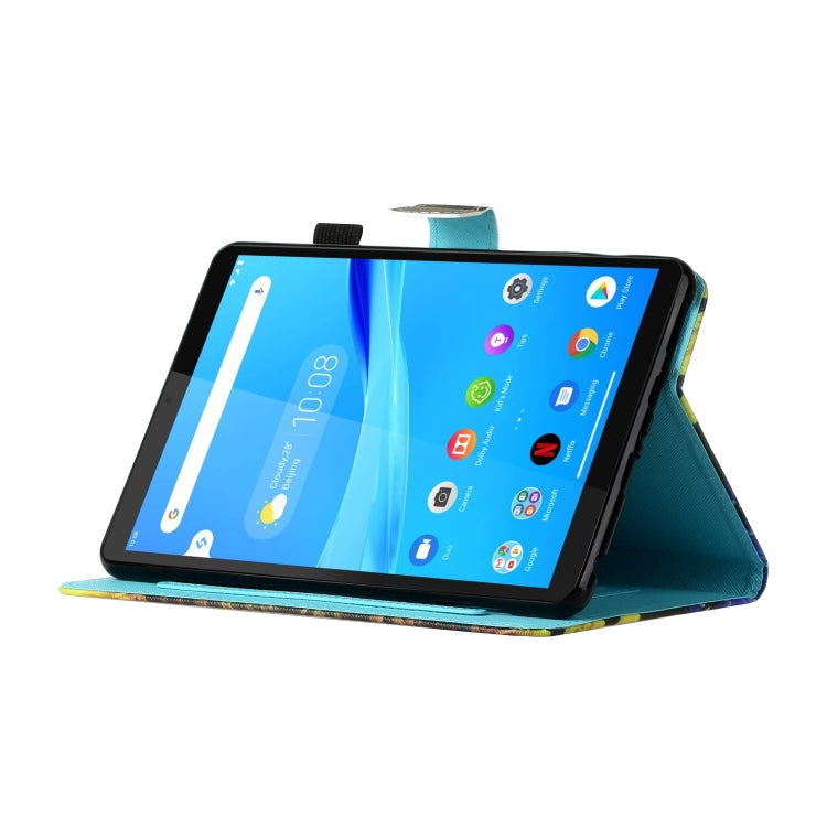 Tablet flip case in dark blue with stand showing device screen in landscape view