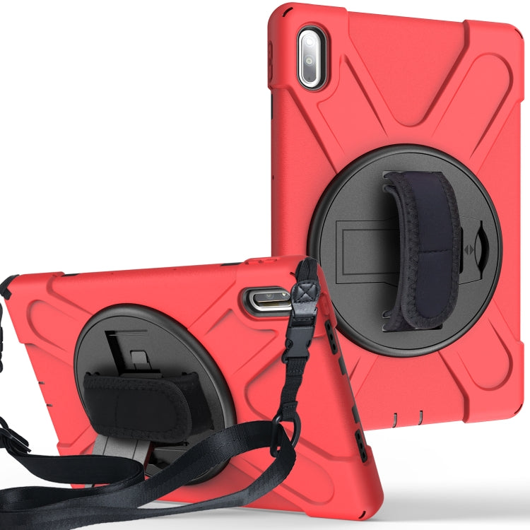 Red shockproof tablet case with circular holder and black shoulder strap and hand strap