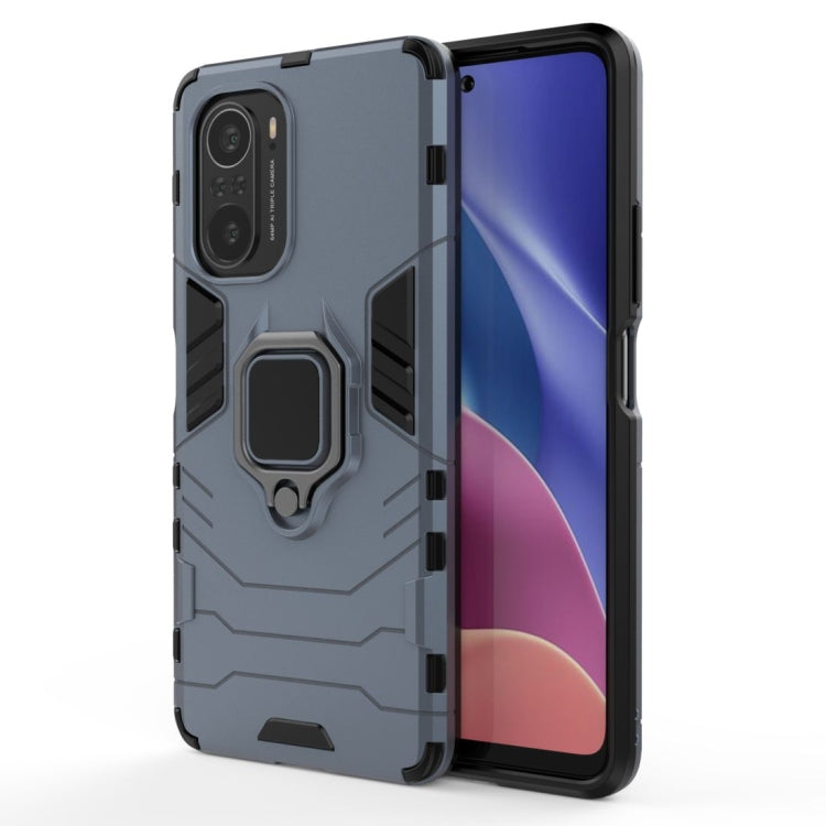 Navy blue shockproof phone case with TPU edges and magnetic ring holder, front and back