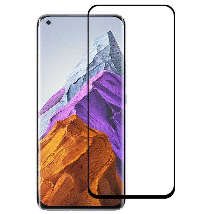 Curved tempered glass screen protector installed on a smartphone with colorful wallpaper
