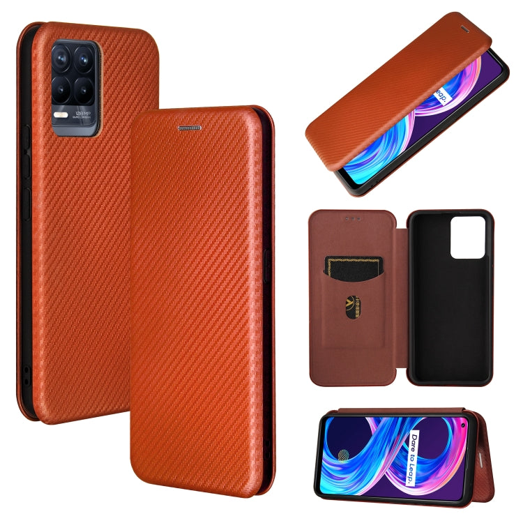 Brown magnetic flip phone case with carbon-fiber texture and card slot