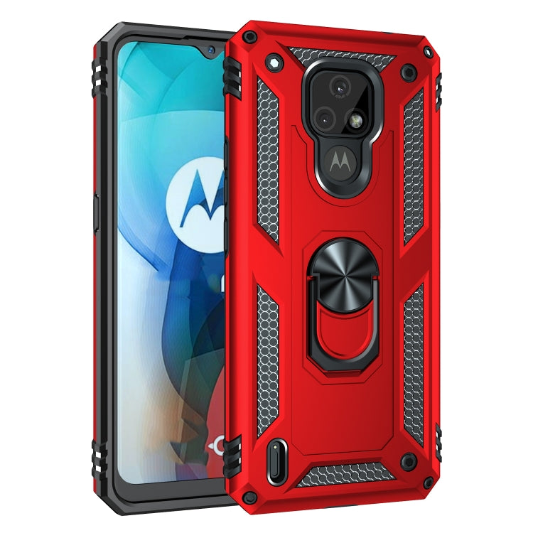 Shockproof TPU and PC phone case with 360° rotating holder, red and black.