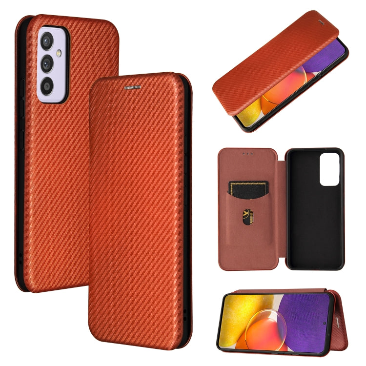 Magnetic flip phone case with carbon-fiber texture, card slot, rust-brown.
