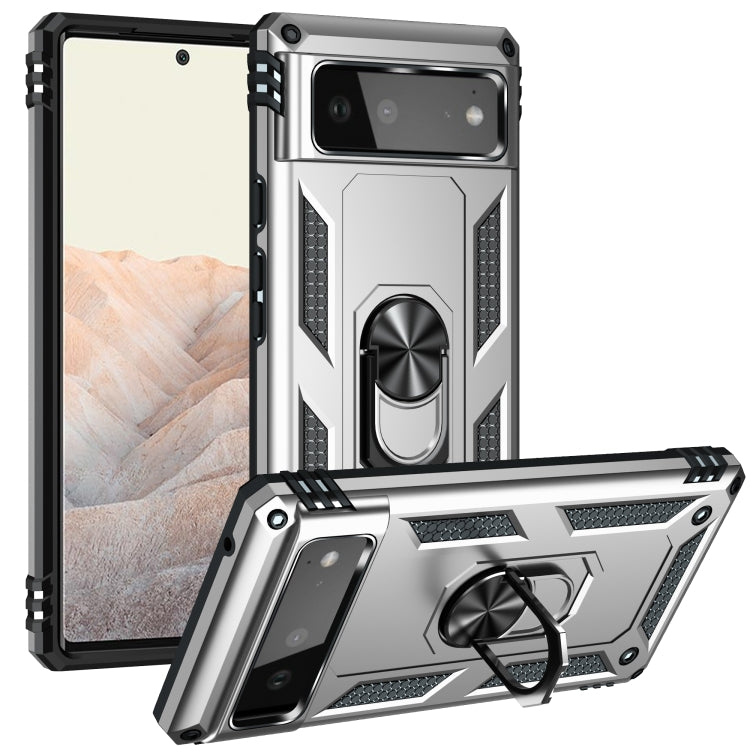 Silver shockproof phone case with rotating kickstand ring and raised camera cutout