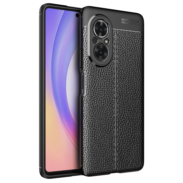 Shockproof TPU phone case with litchi-texture finish, black, front and back protection.