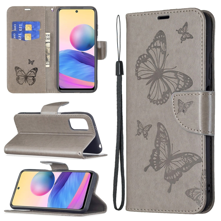 Light gray PU leather phone wallet case with embossed butterflies, flip cover and card slot.