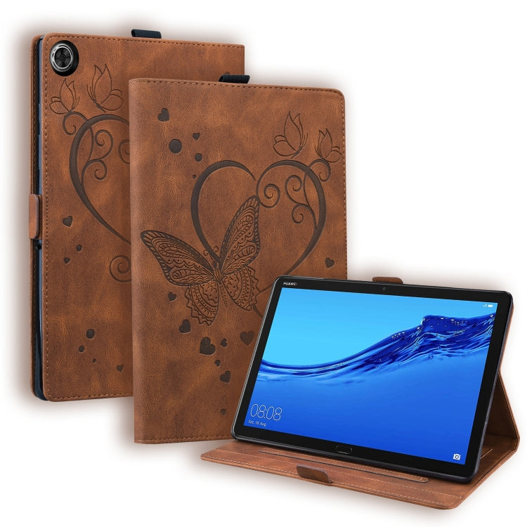 Brown leather tablet case with butterfly vine pattern and front stand