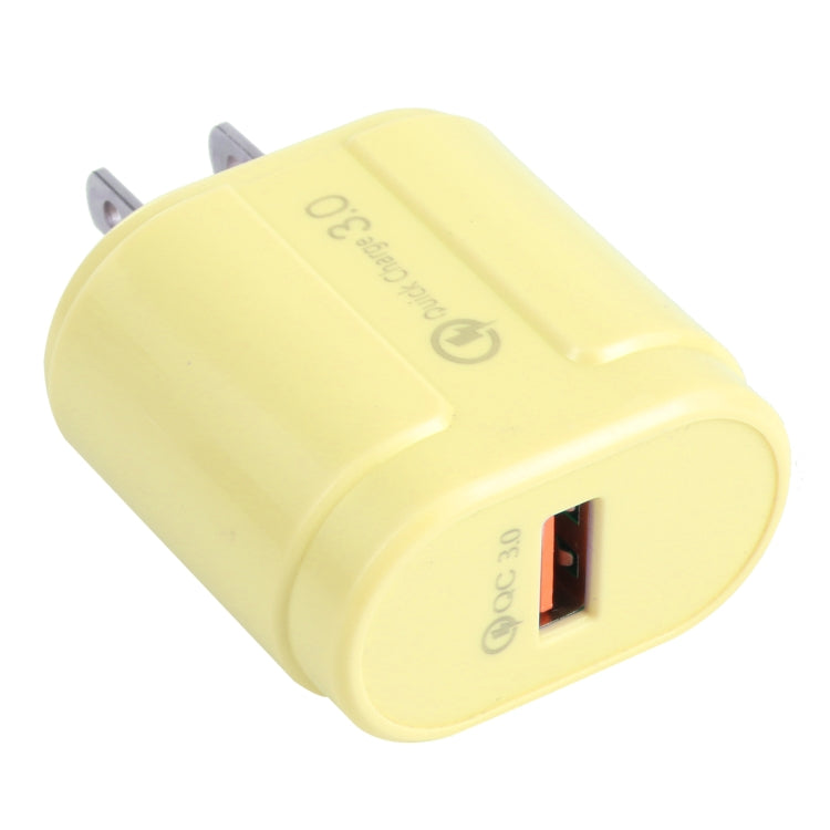 Yellow single-USB travel charger with EU plug prongs and USB-A port