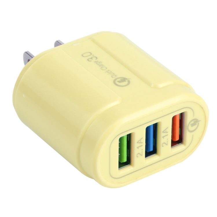Yellow dual-USB travel charger with QC3.0 and 2.1A ports, EU plug prongs