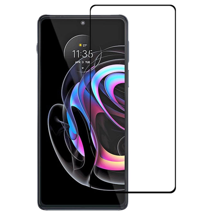 Tempered glass screen protector film aligned to phone screen, clear with black border
