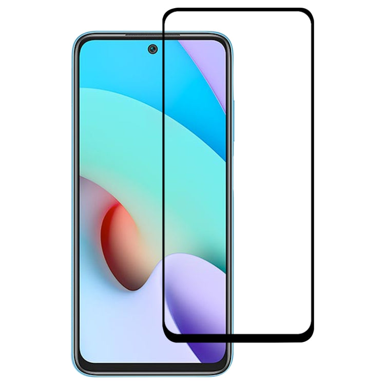 Tempered glass screen protector film with black frame, full screen coverage for smartphone.