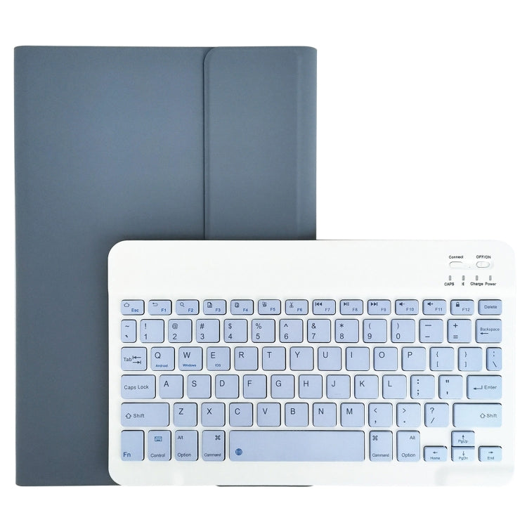 Blue leather tablet case with detachable Bluetooth keyboard and square keycaps