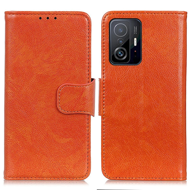Orange flip leather phone wallet case with camera cutout and card holder