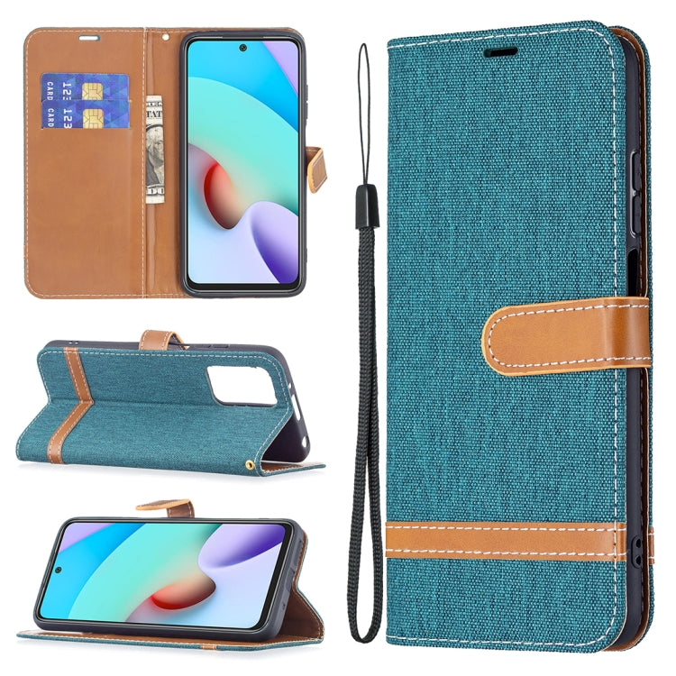 Teal denim-texture leather phone wallet case with card slots and wrist lanyard
