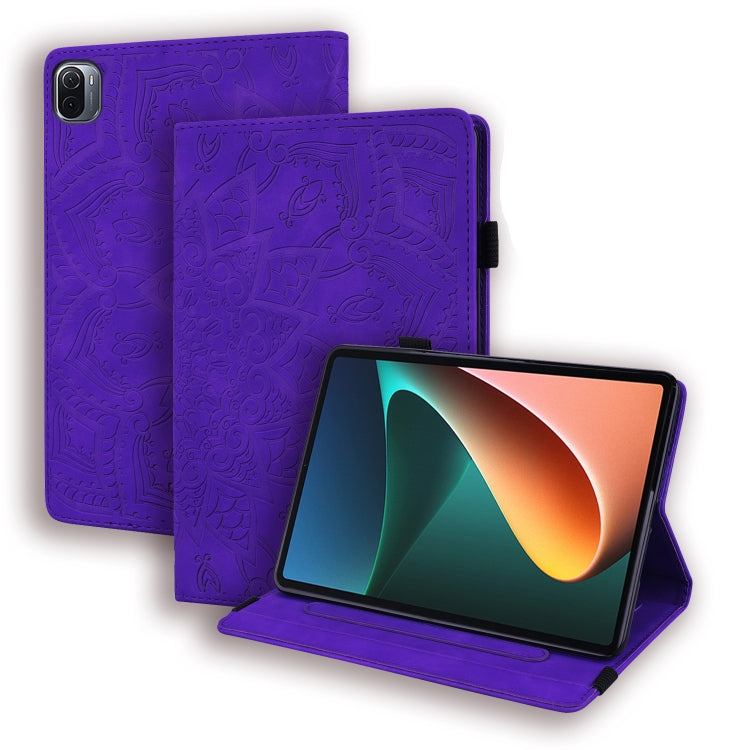 Purple embossed leather tablet case with holder, elastic band, and card slots
