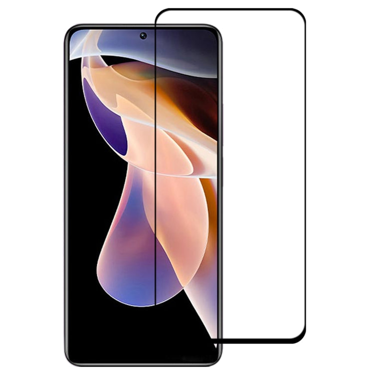 Full-screen tempered glass screen protector for smartphone display with clear glass and black border.
