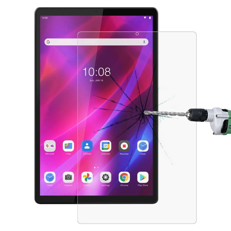 Tempered tablet screen protector film on tablet screen, clear full coverage