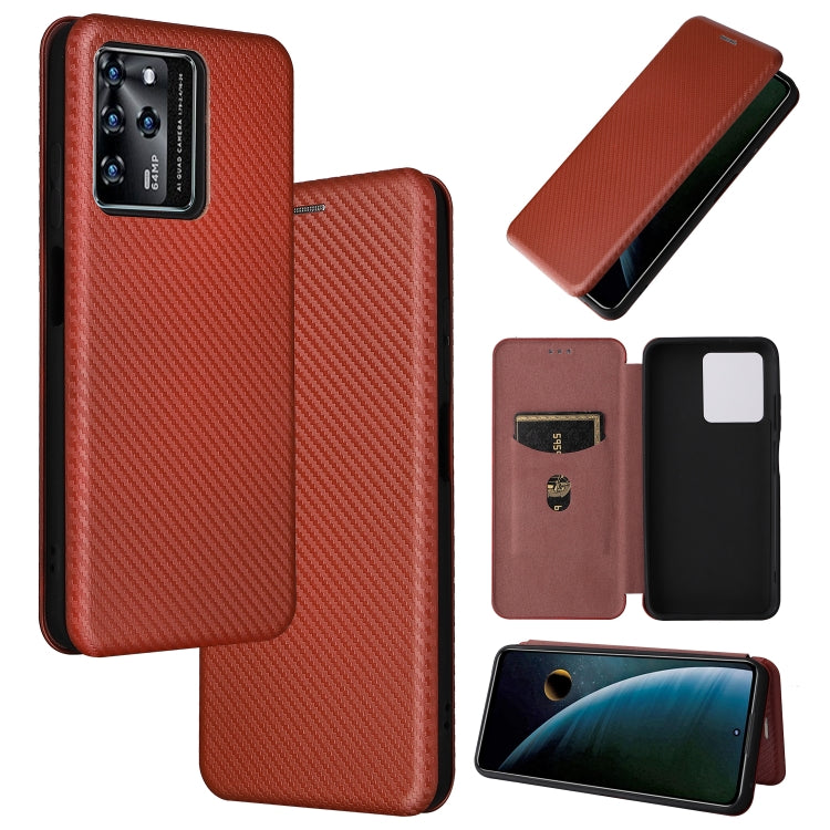 Red-brown carbon fiber PU magnetic flip phone case with camera cutout and card slot