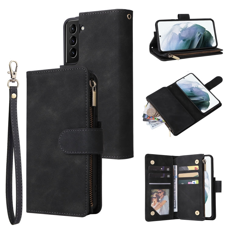 Black leather phone wallet case with card slots, zipper pocket, wrist strap, and photo window