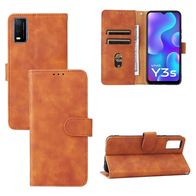 Brown leather-style magnetic buckle flip phone case with card slots and stand view
