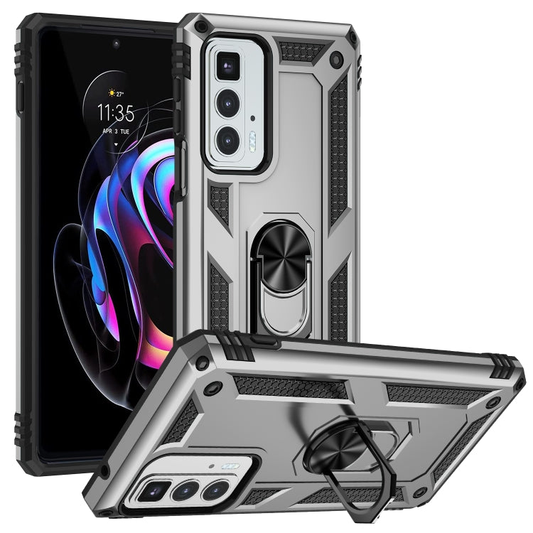 Shockproof phone case with ring holder, light gray TPU and PC shell, textured sides