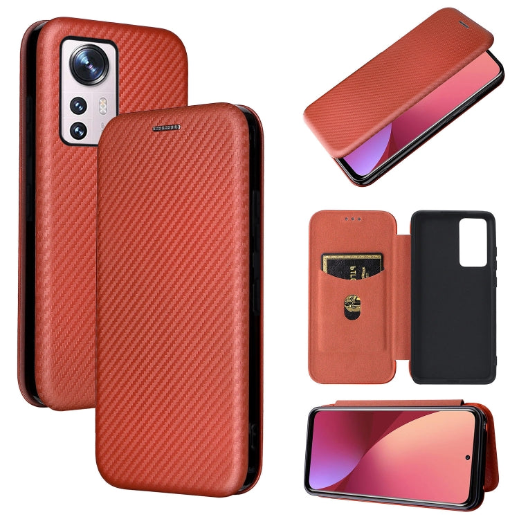 Rust red magnetic flip phone case with carbon-fiber texture, PU leather style