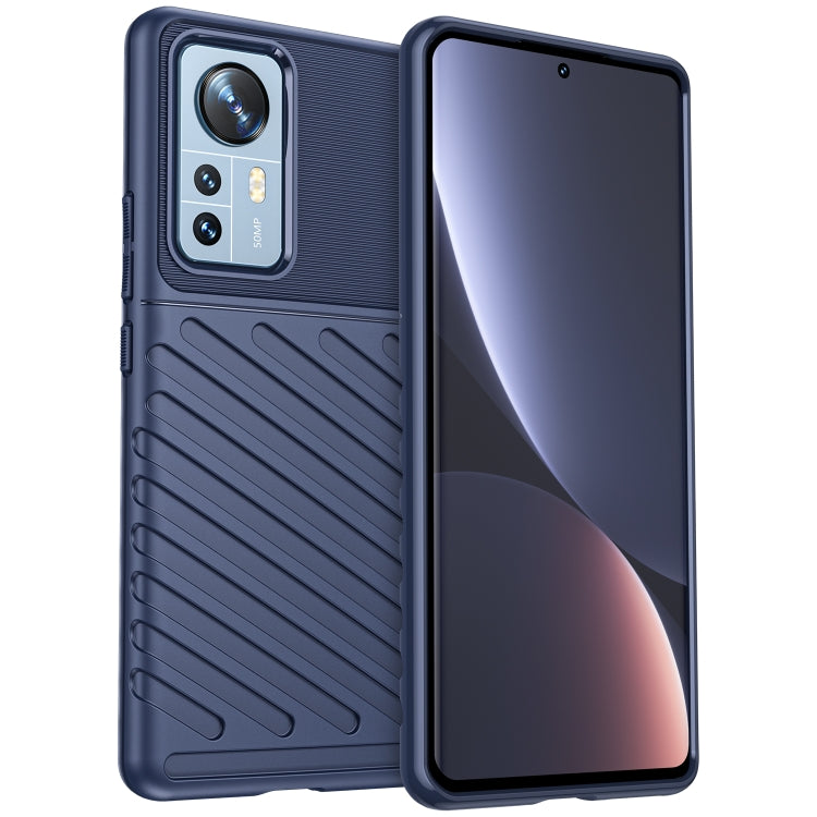 Blue TPU phone case with textured grip and raised camera lens protection