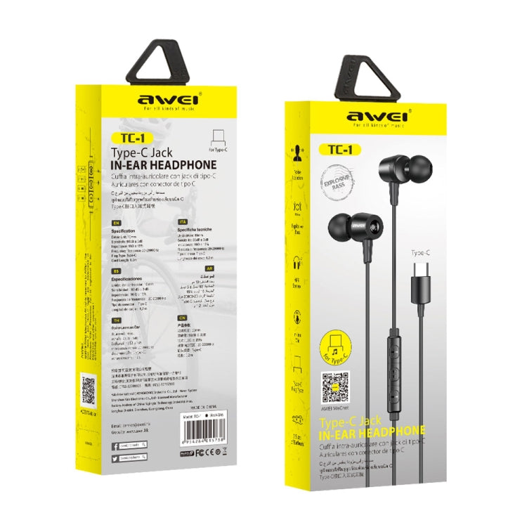 Awei TC-1 Type-C in-ear headphone retail box packaging, yellow with earbud graphic