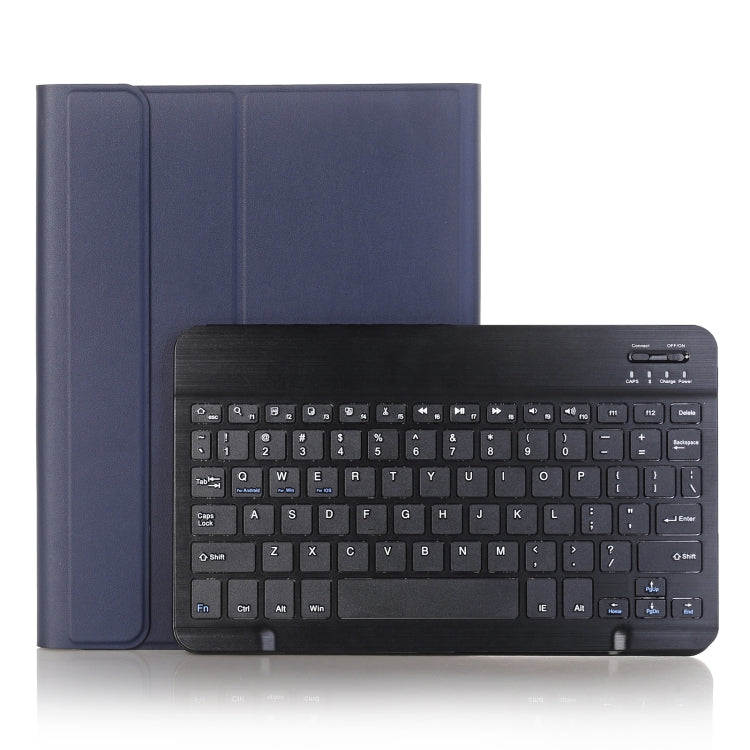 Dark blue Bluetooth keyboard tablet case with built-in QWERTY keys and touchpad