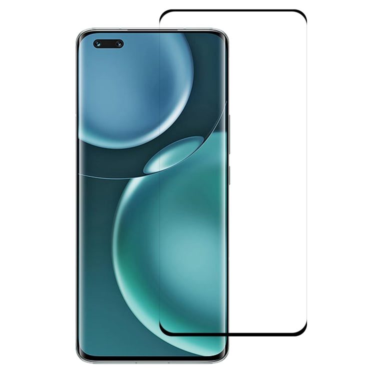 Clear curved edge tempered glass screen protector film placed over smartphone display