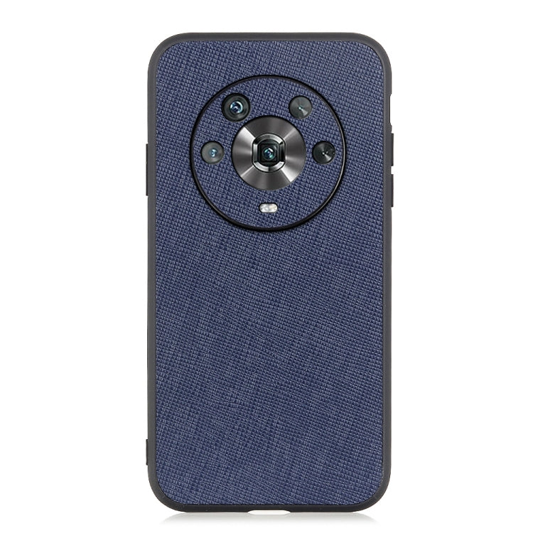 Blue genuine leather phone case with textured surface and circular camera cover