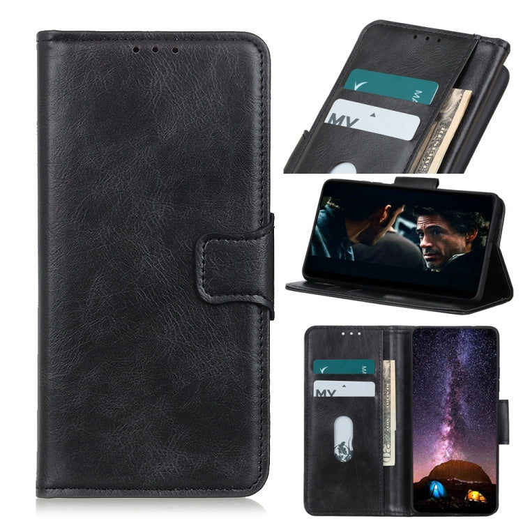 Black leather flip phone case with card slots and stand for hands-free viewing