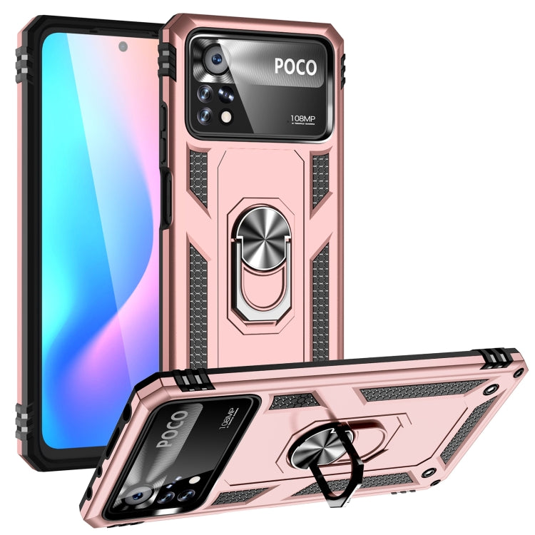 Shockproof phone case with 360° rotating kickstand ring, rugged rose-gold and dark accents