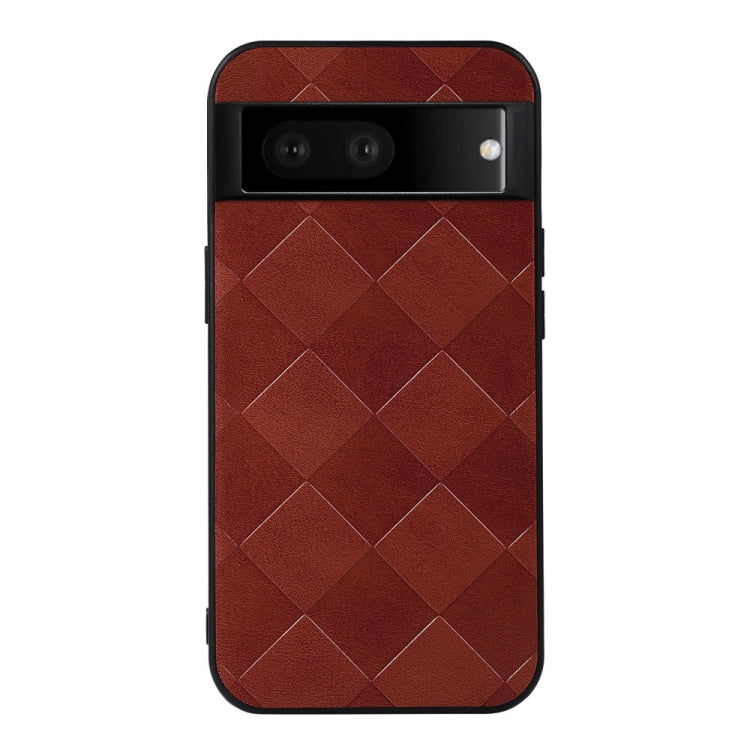 Brown plaid PU phone case with diamond weave pattern and camera cutout
