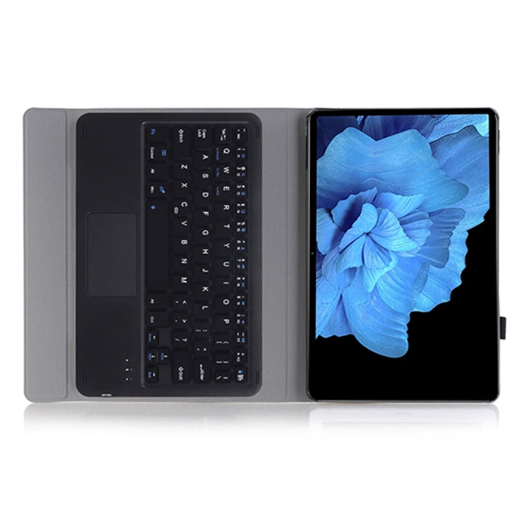 Tablet keyboard leather case with touchpad, open clamshell, dark keyboard bay and gray cover.
