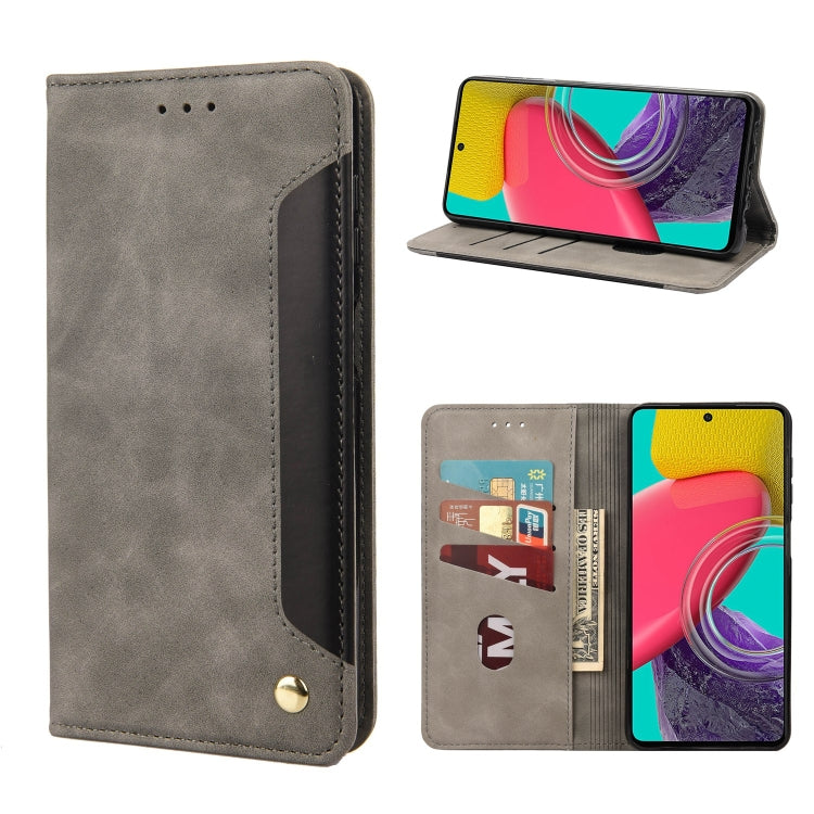 Grey leather folio phone case with card slots and flip stand, phone shown in landscape
