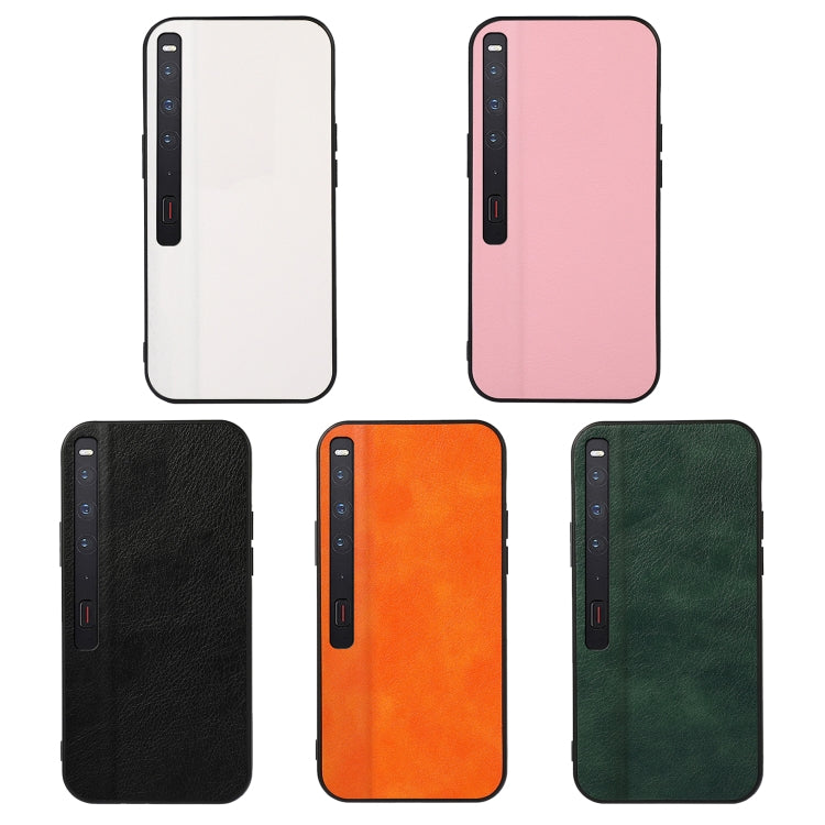 Two-tone litchi-texture PU phone cases shown in white, pink, orange, black, and dark green.