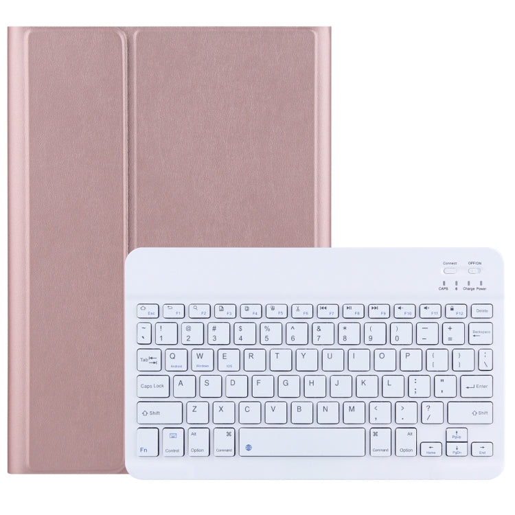 Rose gold tablet case with white Bluetooth keyboard, slim folio cover
