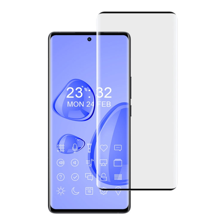Curved tempered glass screen protector over blue phone screen and rear glass