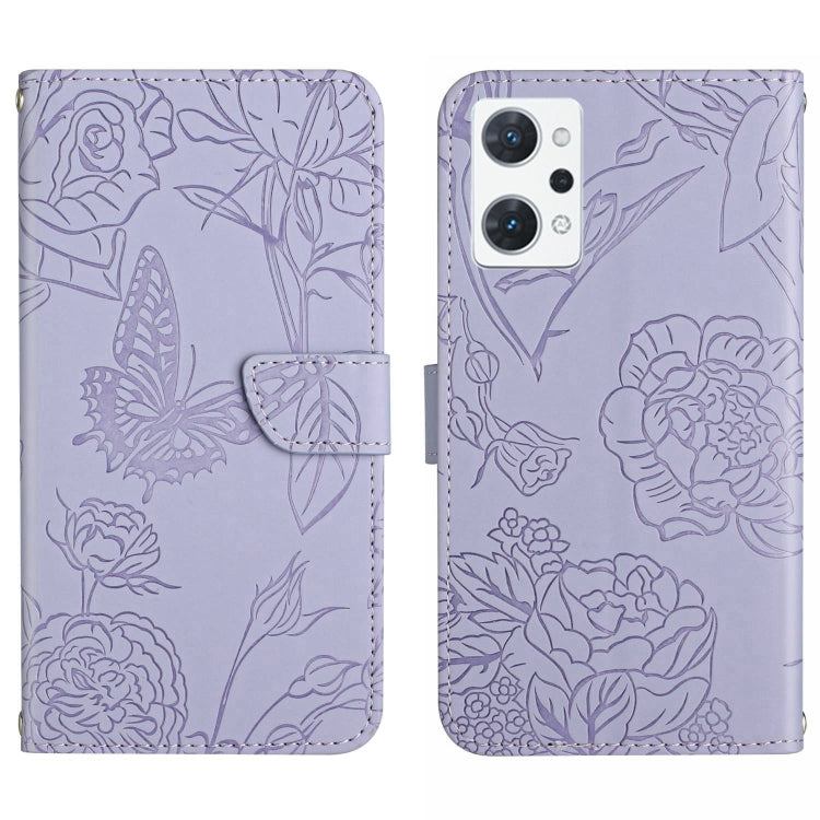 Light purple flip leather phone case with butterfly and floral embossed pattern, card slot