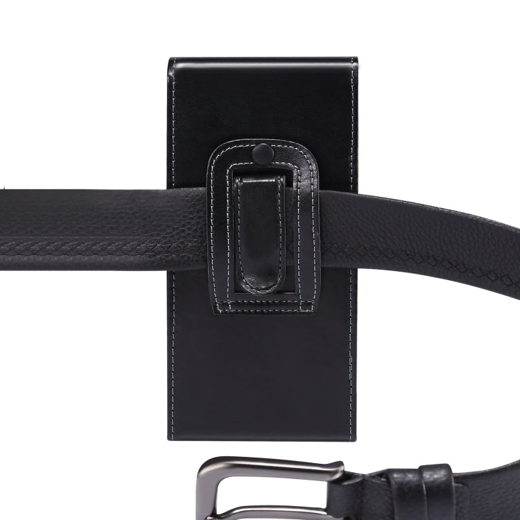 Black leather waist bag with front loop buckle tab and snap closure