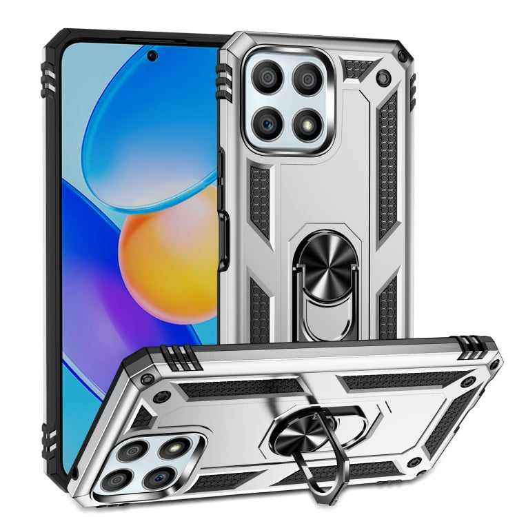 Shockproof silver phone case with 360° rotating ring holder and textured grip edges