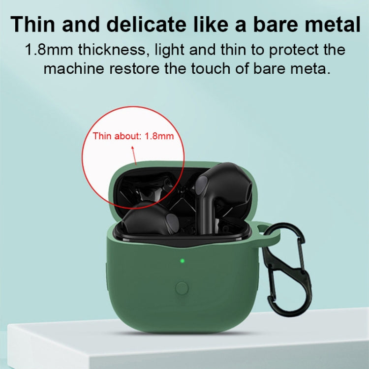 Thin silicone earbuds case with clip, earbuds shown inside with thickness callout