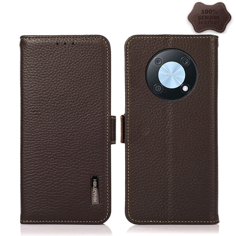 Genuine leather litchi-texture flip phone case, brown, with magnetic closure and camera cutout