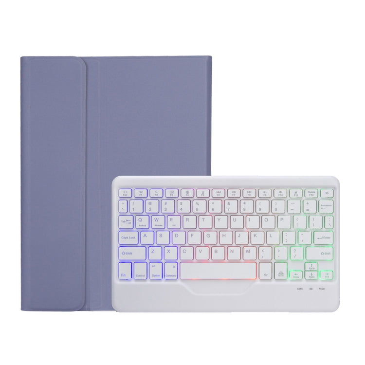 Blue folio case with open white keyboard, soft multicolor backlighting on keys