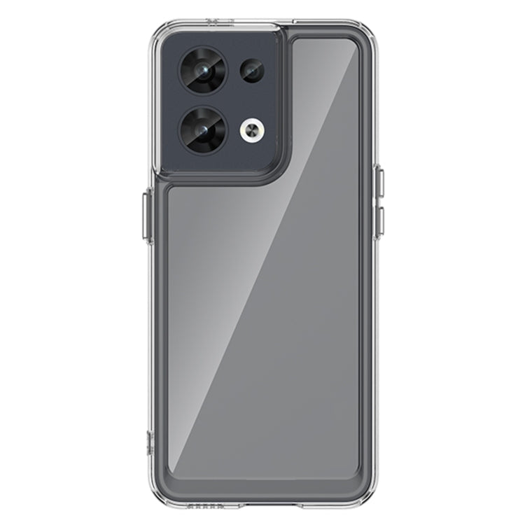 Clear rugged phone case with dark camera cutout, gray back panel, and reinforced edges