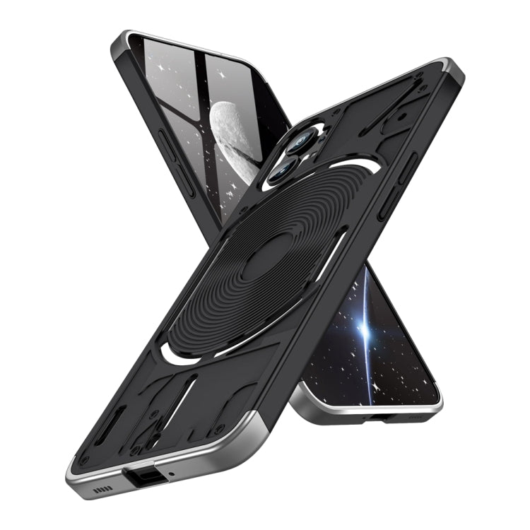 Black phone case with silver accents and ring stand, full-coverage protection
