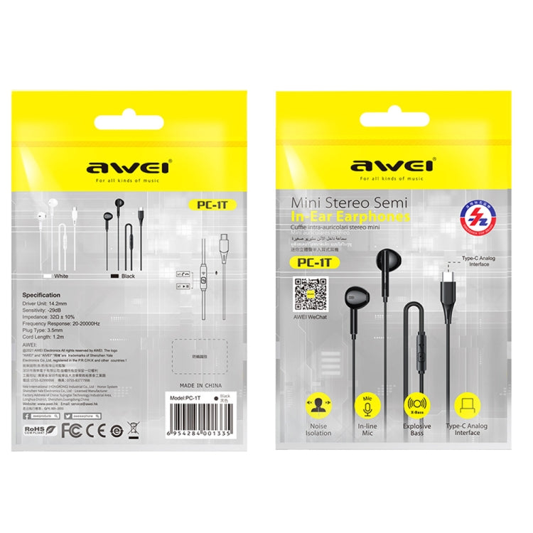 awei PC-1T 1.2m Mini Stereo Semi In-ear Earphones, PC-1T(Black), PC-1T(White)